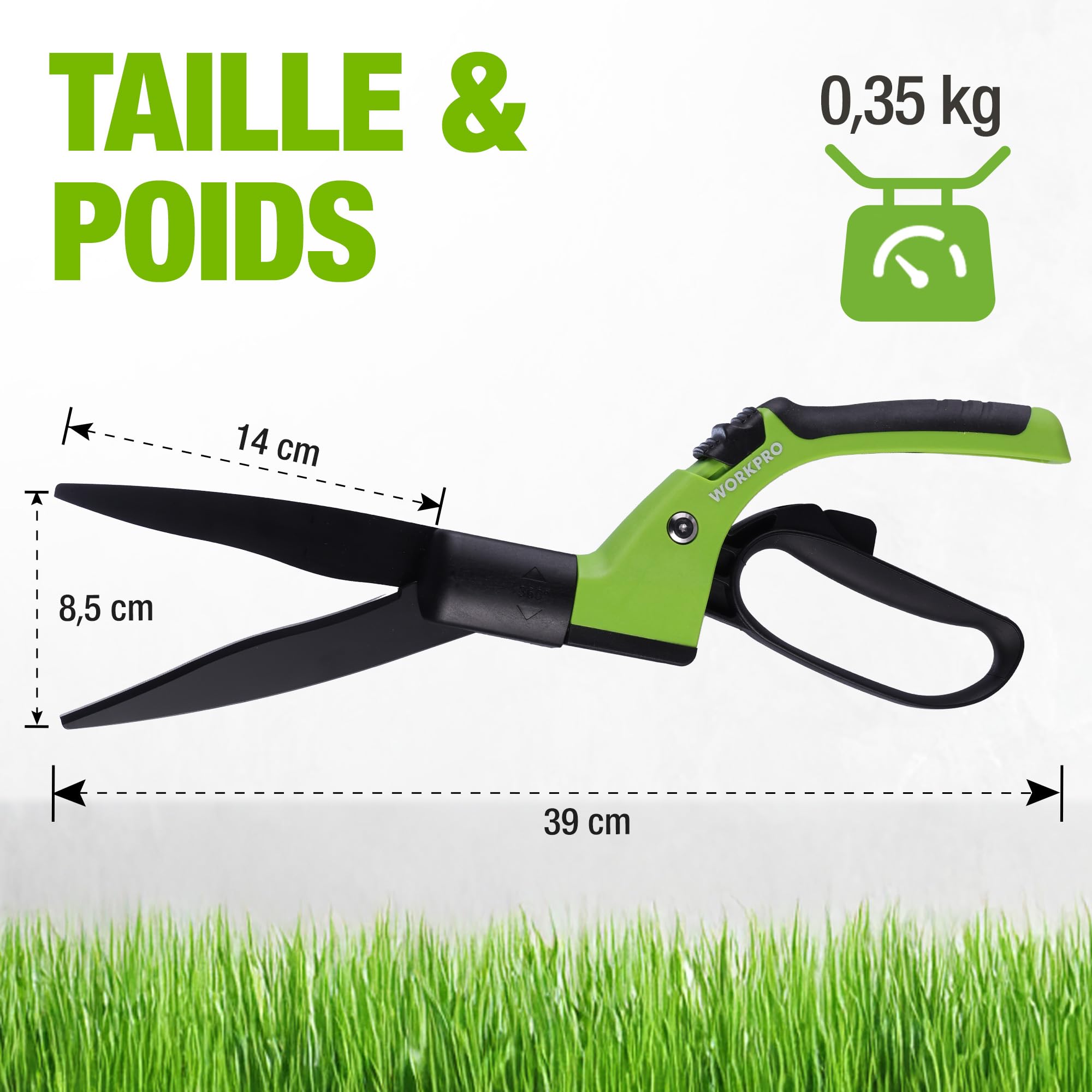 WORKPRO Cisailles à Gazon 360° Rotatives avec Lames en Acier, 16 Positions | Poignée Ergonomique Antidérapante, Outil Léger pour Bordures de Pelouse et Entretien du Jardin