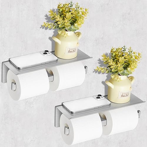 Ziliny Soporte doble de papel higiénico con estante, soporte para rollo de pañuelos, dispensador de papel higiénico, soporte de pared, estante de