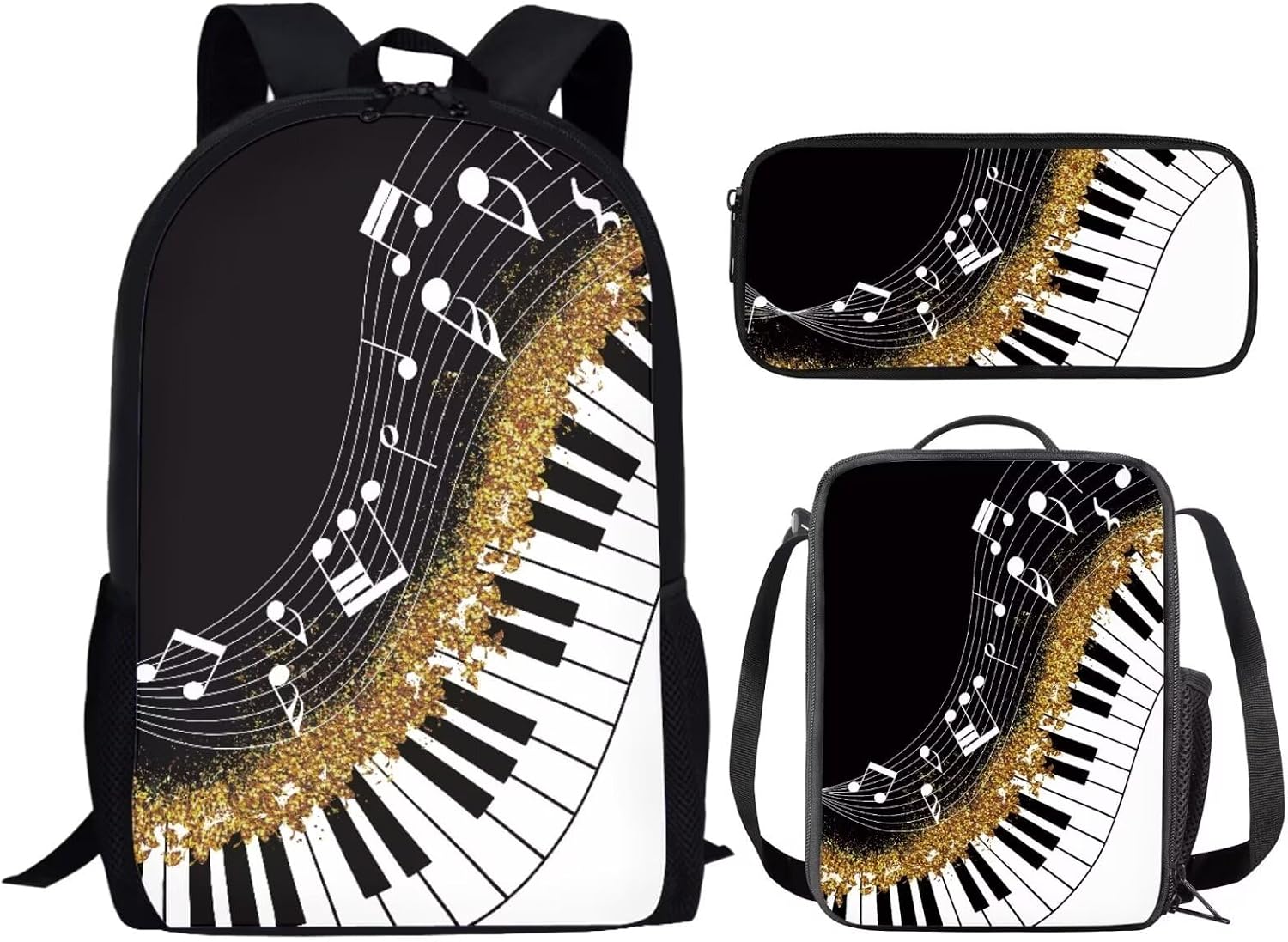 Cute Black School Backpack with Lunch Box for Girls Large Capacity Lightweight Custom Piano Key Music Note Backpack Set Aesthetic Kids Comfy Padded Adjustable Book Bag Lunch Bag Pencil Case 3 in 1