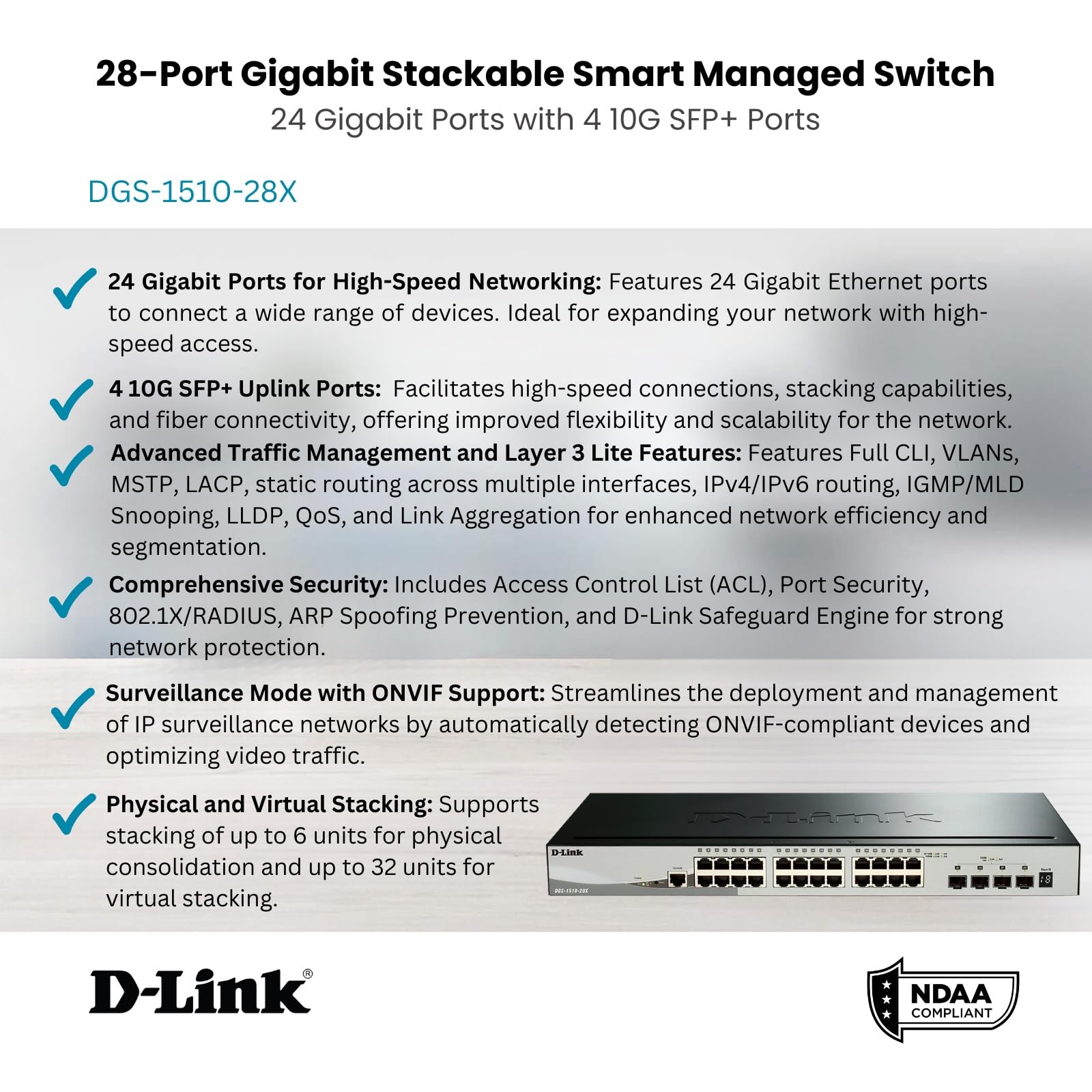 D-Link DGS-1510-28X - Switch 24 puertos Gigabit L2+ (funcionalidades L3) y 4 puertos 10G SFP+, apilable, altura 1U, VLAN automática para video vigilancia y telefonía IP