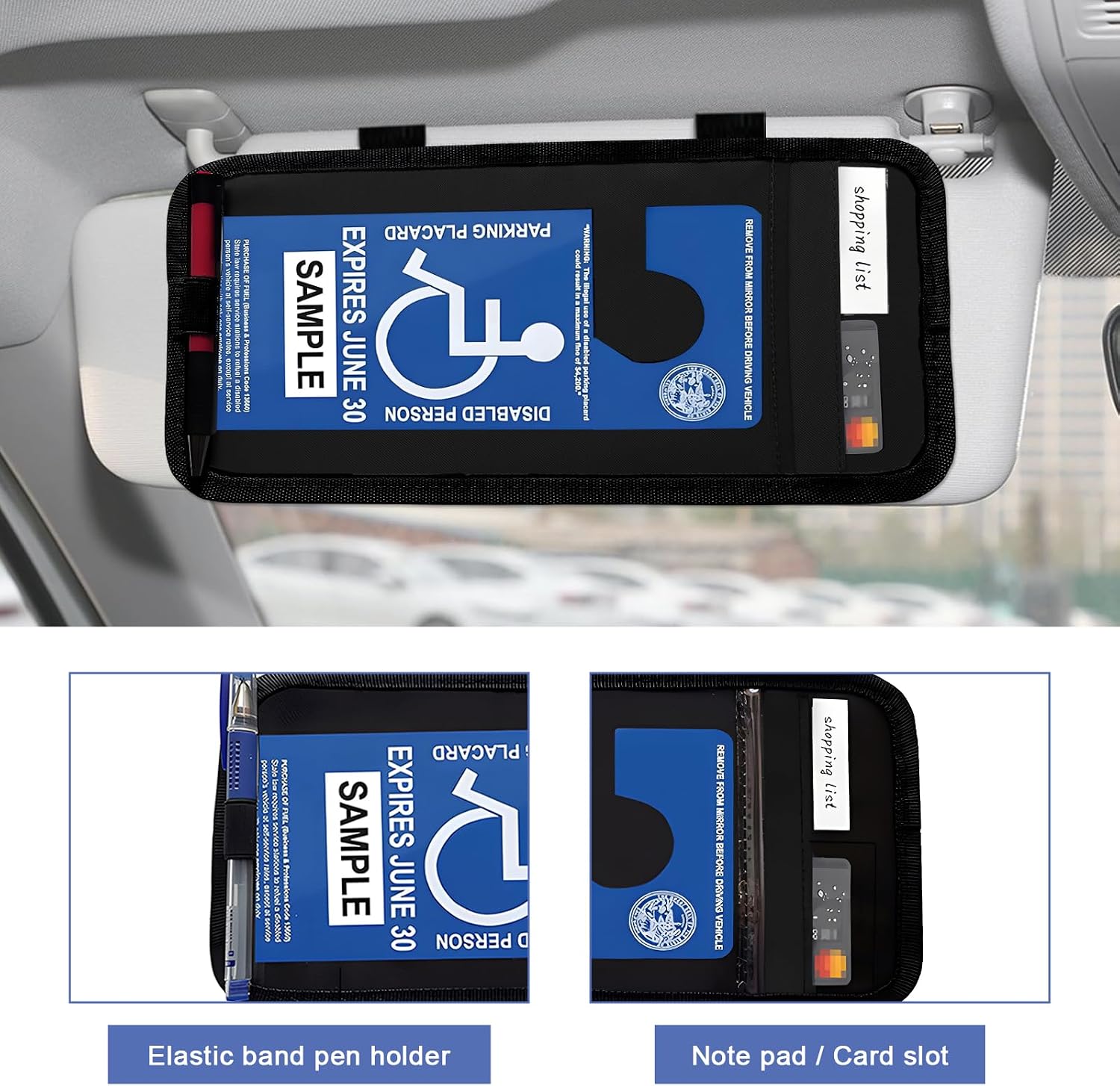 Handicap Placard Holder for Car, Auto Disabled Parking Permit Sign Protector with Pen Slot & Elastic Strap, Transparent Disability Parking Placard Protective Cover for Sun Visor (Black) image 4