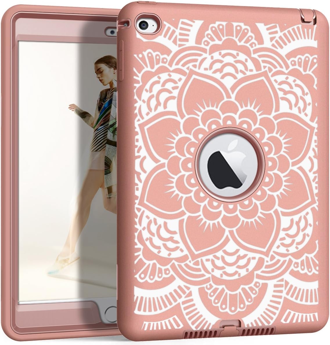 Hocase iPad Mini 4 A1538/A1550 Case, Shockproof Protection Silicone Rubber Bumper+Hard Shell Hybrid Full Body Protective Case for iPad Mini 4th Generation 2015 - Rose Gold Mandala Flower