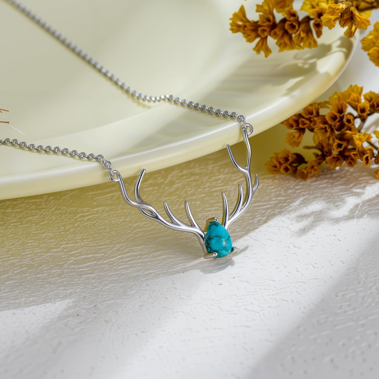 Natural Turquoise Antler Necklace 925 Sterling Silver Antler Pendant Necklace Christmas Jewelry. Holiday Commemorative Jewelry Gift for Women - Image 3