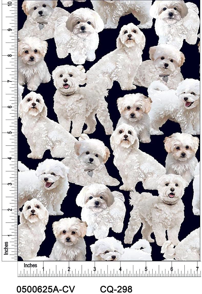 Maltipoo Design nted on 100% Cotton Quilting Fabric by The Yard (Black, White and Pink)