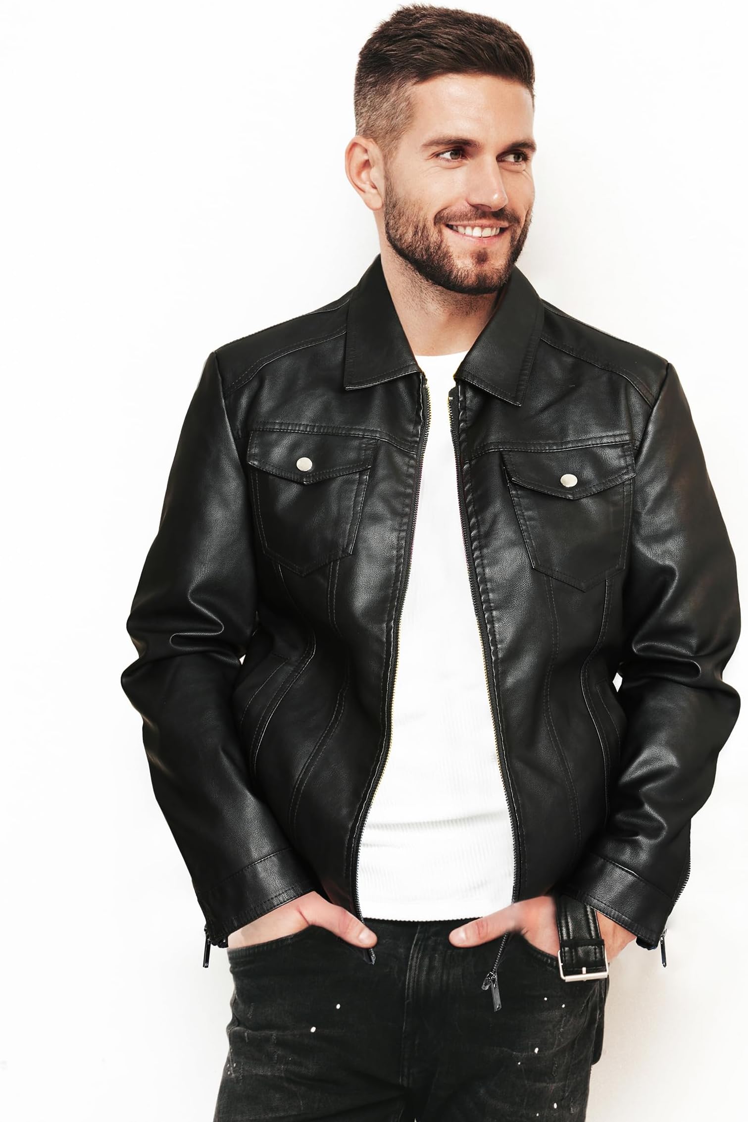 WoameyrMens Leather Jackets Casual Faux Leather Motorcycle Jacket Biker Vintage Outwear