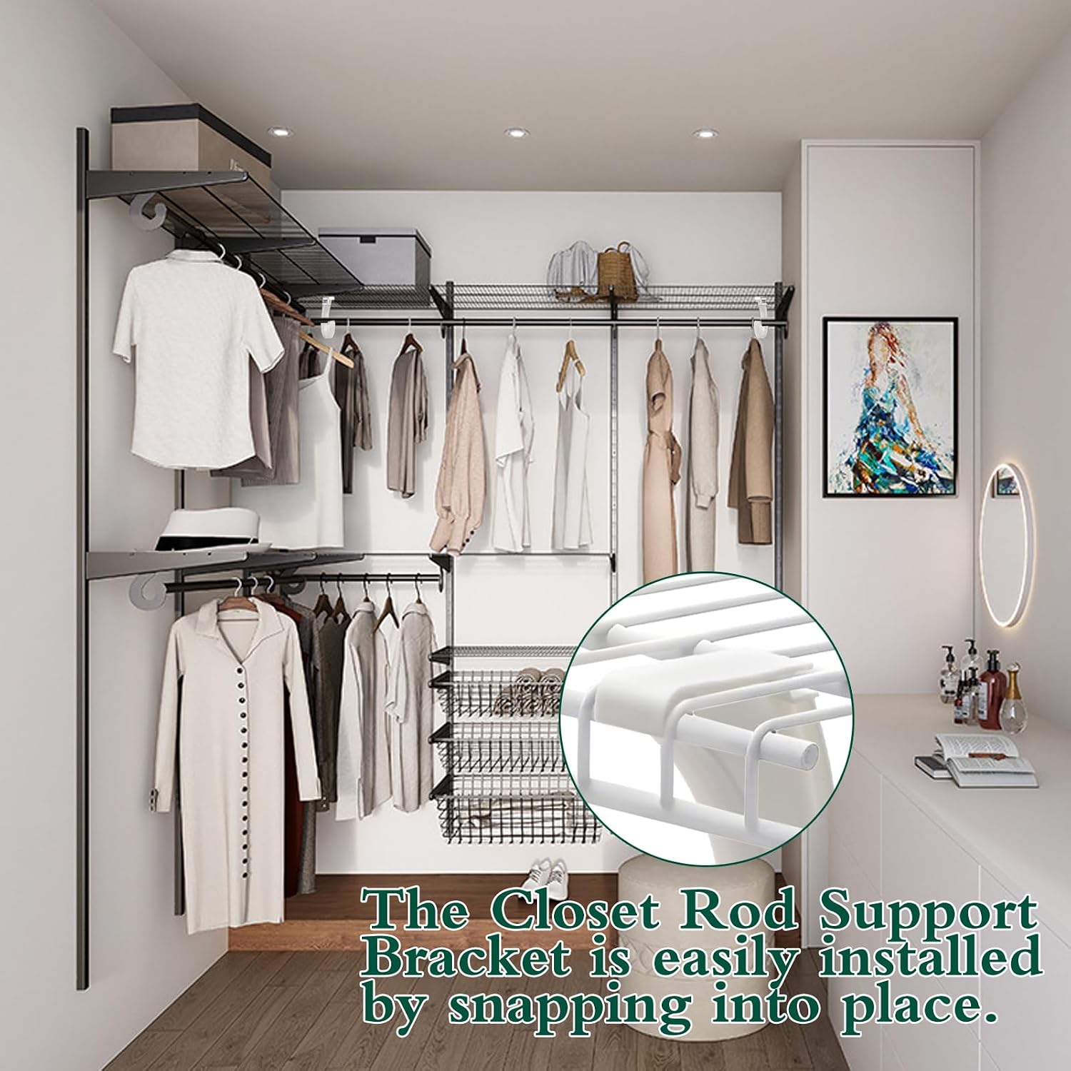 4Pcs Hanging Closet Rod Support,3/4 Closet Shelf Rod Holder,Sturdy J-Shaped Closet Brackets for Hanging Clothes,Cabinets Storage and Curtain