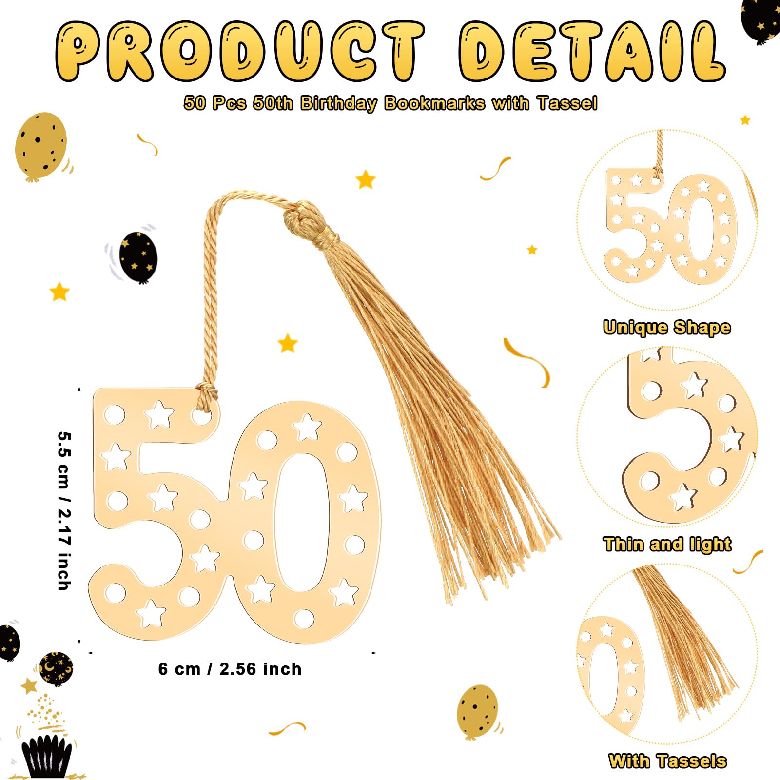 Spakon Goldenes Lesezeichen zum 50. und 60. Geburtstag, Souvenirs für Gäste, Jahrestag, Party, Geschenk, mit Etiketten, 50 Stück