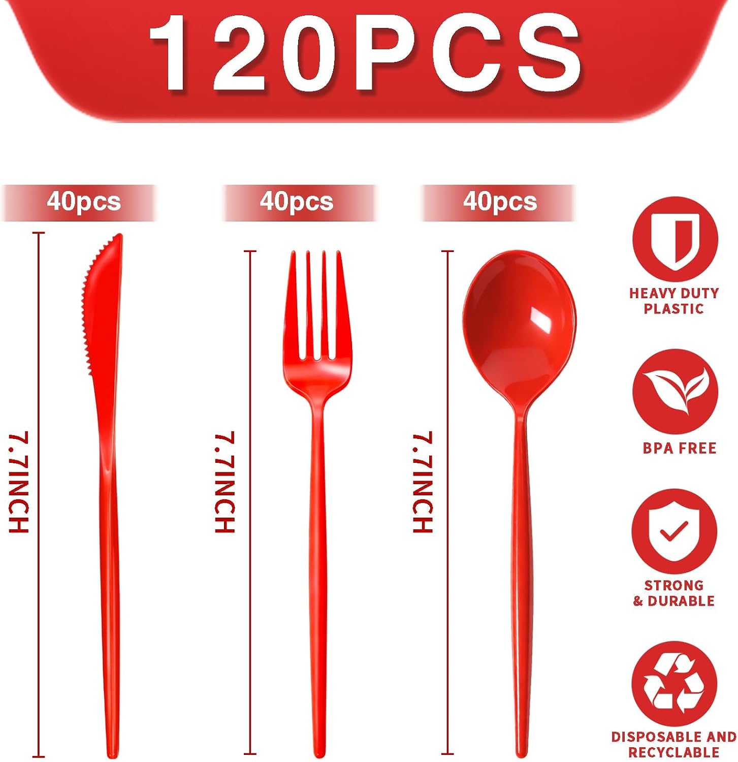 120pcs Red Plastic Silverware Set Sturdy Red Utensils Disposable Plastic Cutlery Heavy Duty includes Forks and Spoons and Knives Sets for Valentines Day Birthday Graduation Chinese New Year image 2