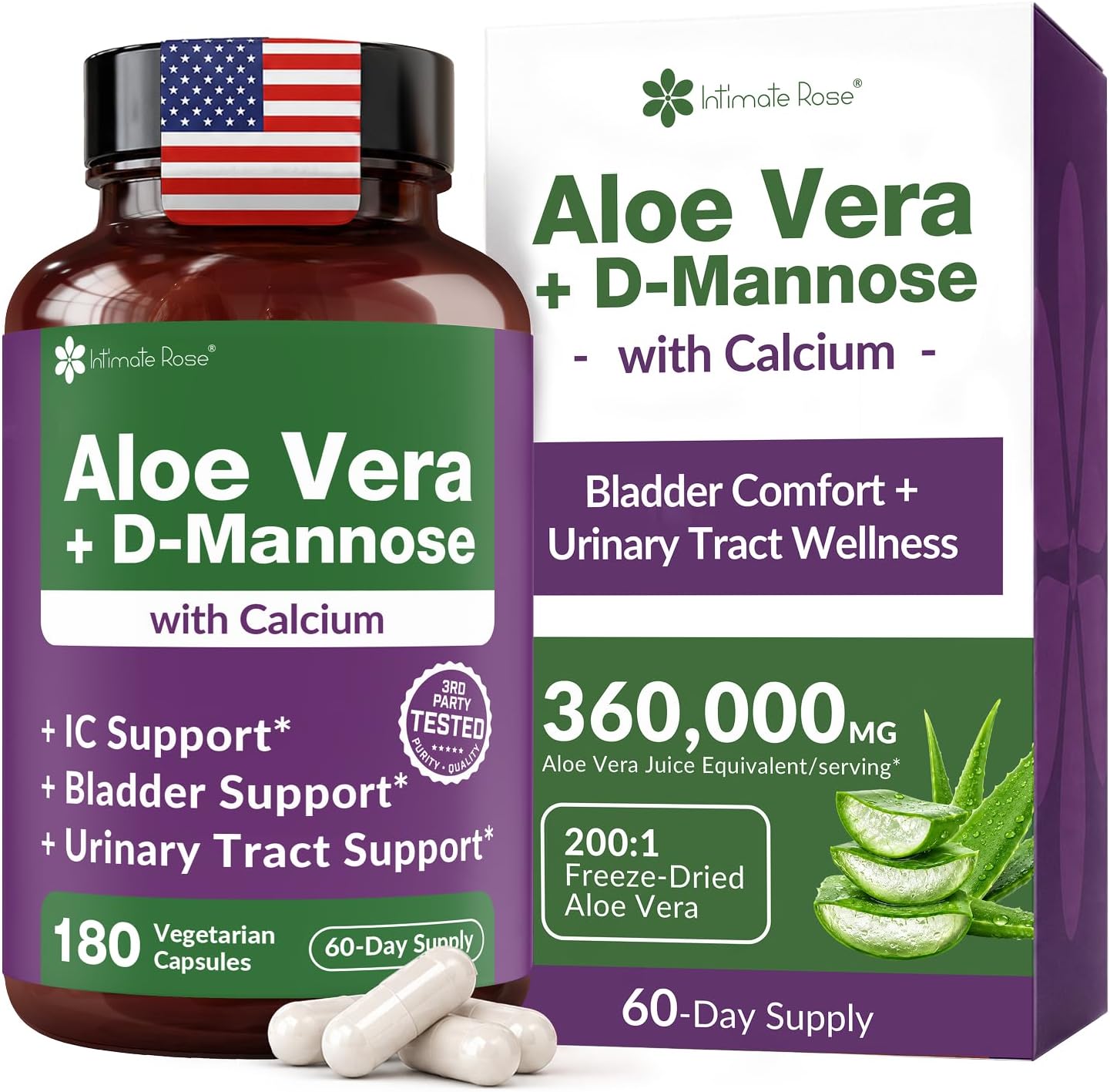 Intimate Rose Aloe Vera Capsules, IC Supplements - Aloe Vera Extract Pills | Easy to Swallow - 200x Concentrate Pure Aloe Vera + D-Mannose + Calcium