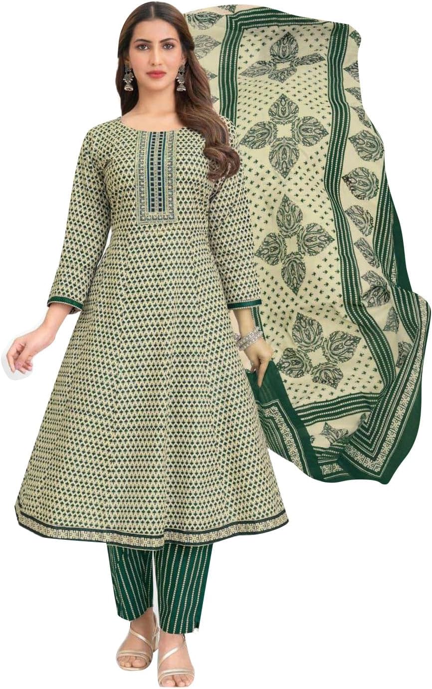 ladyline Womens Cotton Anarkali Salwar Kameez Suit Set | Printed Flared Kurta, Pants & Lawn Dupatta | Evening & Festive Wear