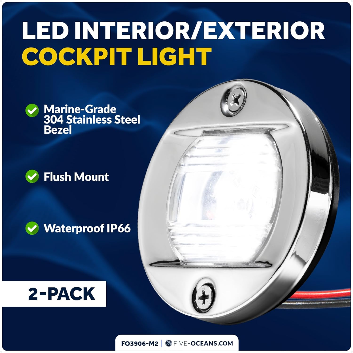 Five Oceans Boat Stern Lights - LED Marine Courtesy Lights, 3-Inch Round Flush Transom Mount, 12V for Pontoon, Fishing & Bass Boats Pack of 2 - FO3906-M2