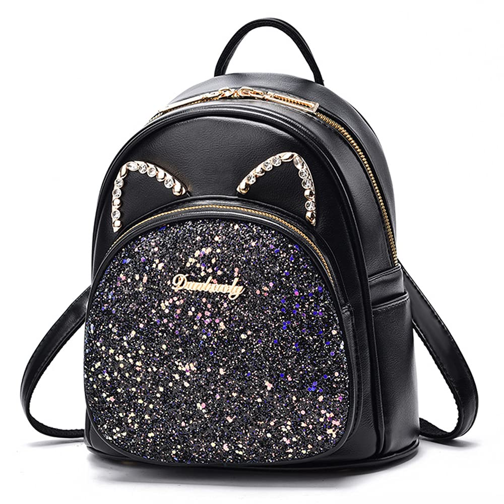 natyrlpog Mini mochila para mujer, diseño de orejas de gato, mochila pequeña de cuero para adolescentes con decoración de lentejuelas, Negro, S, Mochilas de viaje