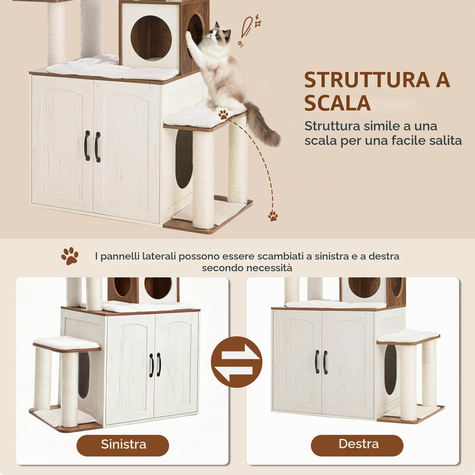 Tiragraffi con Mobile per Lettiera, 190 cm, Bianco e Marrone | Gatti Moderno con Tiragraffi, Piattaforma di Salto Rimovibile, Due Grotte, Piattaforma, Cuscini Lavabili FPMS013PWR1