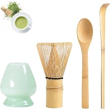 4 Pieces Matcha Whisk Set with Ceramic Bowl & Holder & Traditional Tea Scoop, Japanese Handmade Bamboo Tea Set, Premium Ceremony Accessory Kit, Complete Matcha Making Tool for Beginners, Enthusiasts