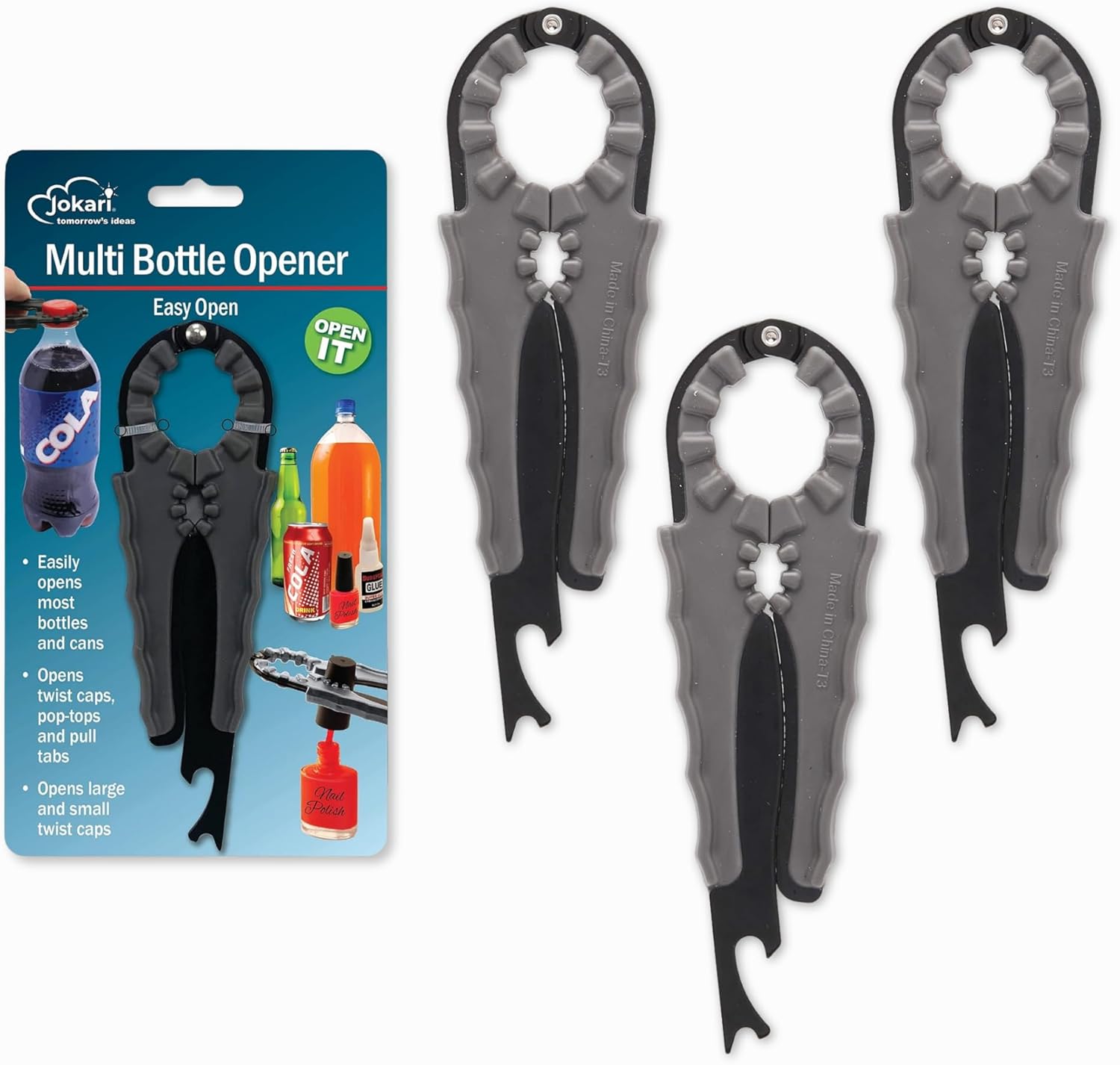 Jokari 3-Pack Multi Bottle Opener – Jar Lid Opener, Can Tab Lifter, Twist Cap Gripper – Ergonomic Kitchen Tool for Weak Hands or Arthritis – Opens Soda, Beer, Nail Polish, and More
