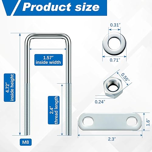 Miniatura 2 de Juego de 8 pernos cuadrados en U de acero al carbono con tuercas, placa de marco, arandelas redondas para remolques de velero, tubo, suministros