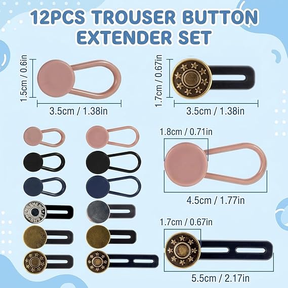 12PCS Button Extender for Trousers, Waistband Extender, Flexible Adjustable Trouser Extenders Women, No Sewing Retractable Instant Waistband Expansion for Men Women Trousers Jeans