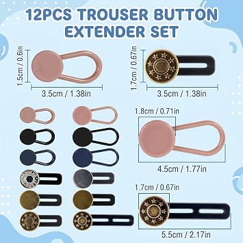 12PCS Button Extender for Trousers, Waistband Extender, Flexible Adjustable Trouser Extenders Women, No Sewing Retractable Instant Waistband Expansion for Men Women Trousers Jeans
