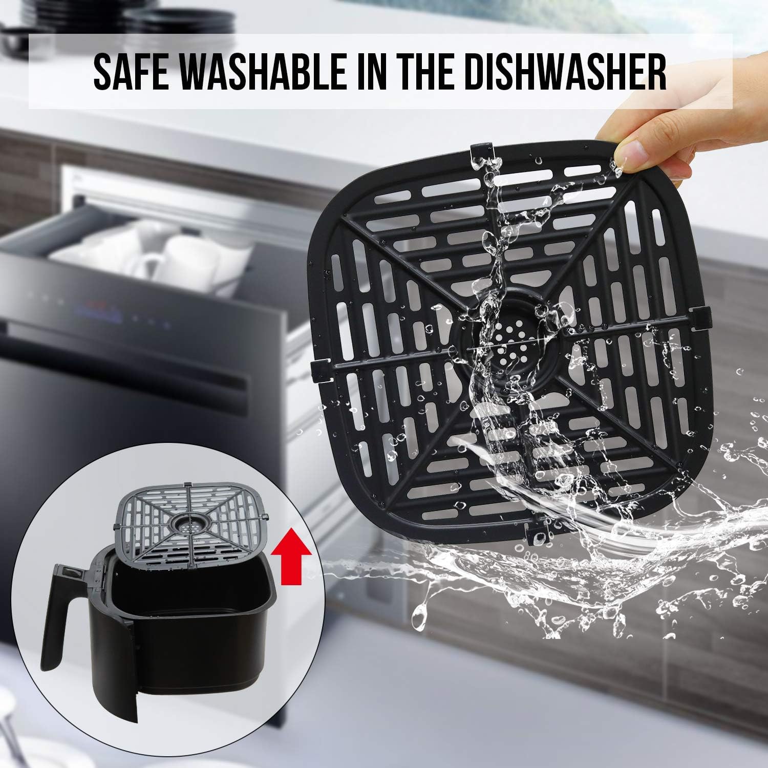 Hand washing the crisper plate of the AUCMA Air Fryer, highlighting its dishwasher-safe feature.