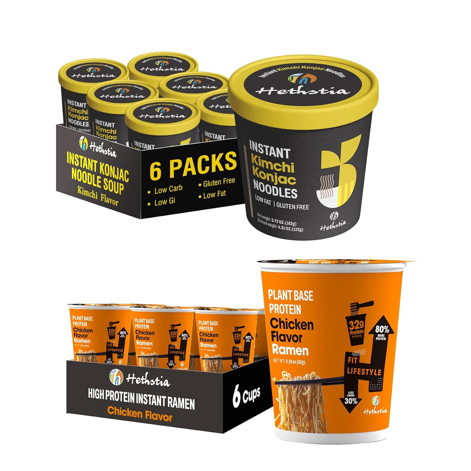 Hethstia Konjac Noodles Kimchi Flavor & Protein Ramen Chicken, Instant Shirataki Noodles & Plant-Based High-Protein Meal Kit