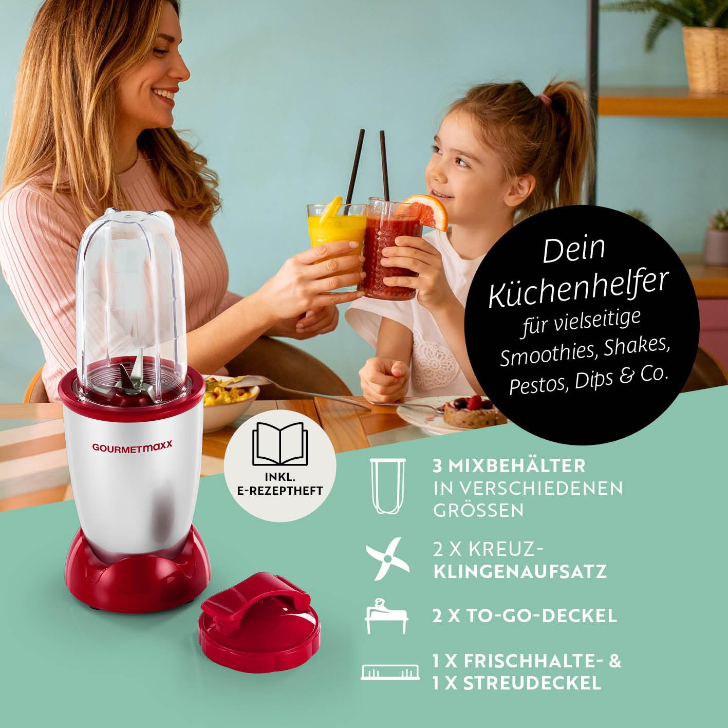 GOURMETmaxx Mr. Magic Power Pro Mixer 400 Watt | Smoothie Maker mit to go Deckel | Standmixer mit Mixbecher & Frischhaltedeckel zum Aufbewahren | Blender mit Zubehörset L für Shakes, Smoothies etc.