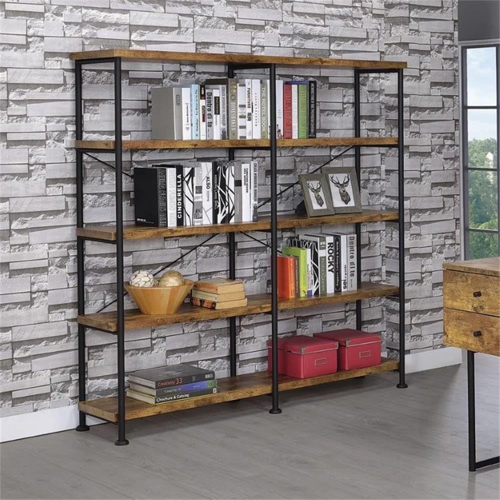 Pemberly Row Modern 4-Shelf Open Farmhouse Wood Bookcase, Antique Nutmeg Finish, Rustic Industrial Design, 63" H x 60" W x 14.25" D, Black Metal Frame, Storage for Living Room or Home Office
