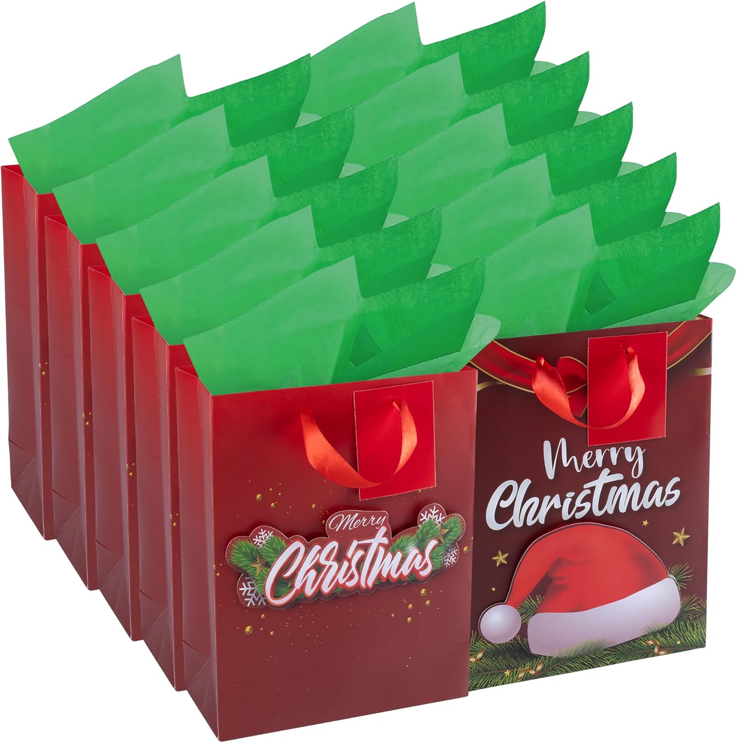 RACHELLE'S Christmas Gift Bags – Small 9"x7"x3" (10-Pack) – Sturdy Paper Gift Bags with Tissue Paper, Tag and Handle – Holiday Wreath and Hat Designs – Christmas Holiday Gifting & Party Favors