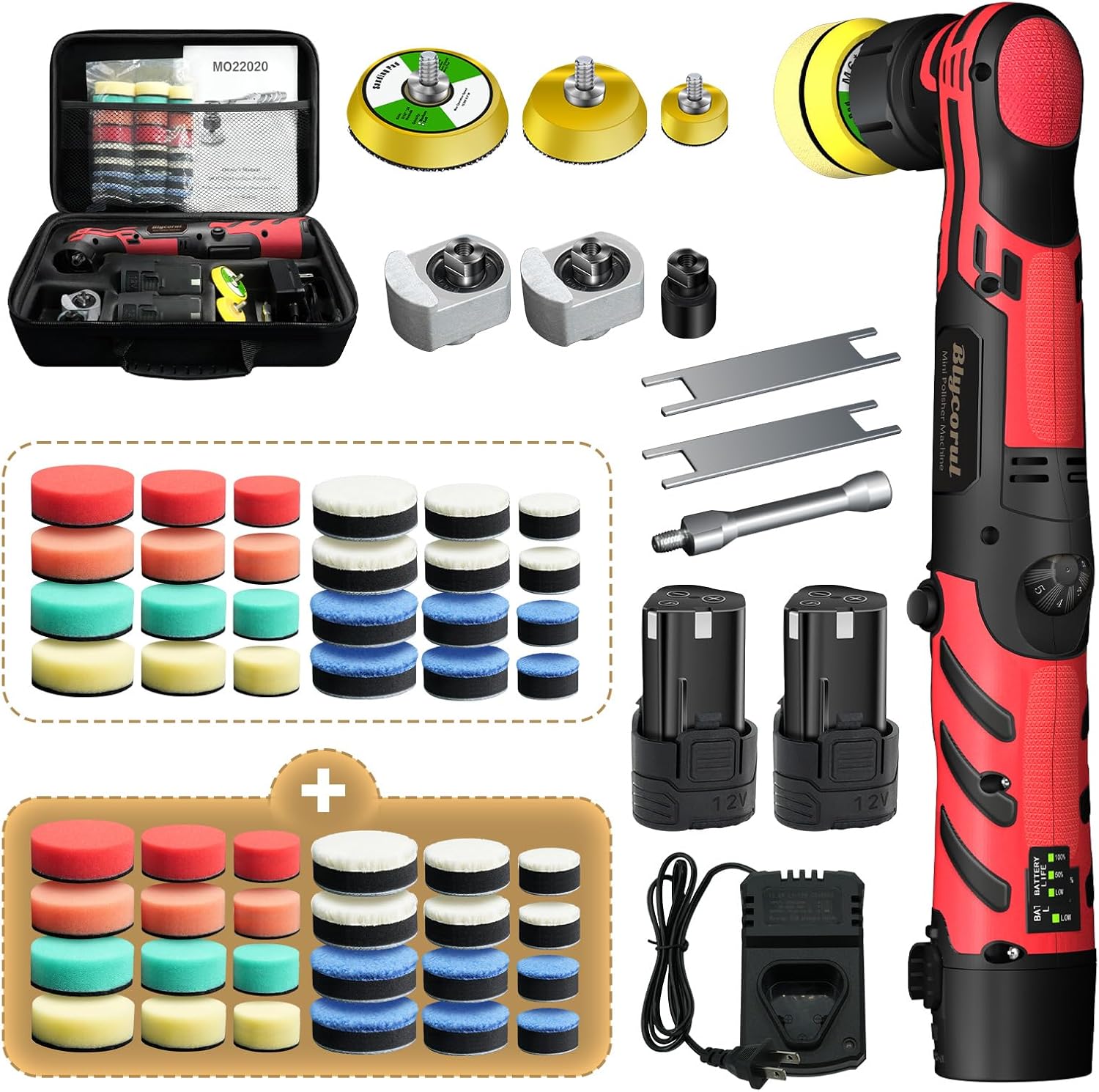 Cordless Red Mini Polisher, 2 Sets of 1/1.5/2 Inch Polisher Pads,DA&RO with 11 Variable Speed 2500-6000 RPM, 2 * 2.3Ah Rechargeable Battery
