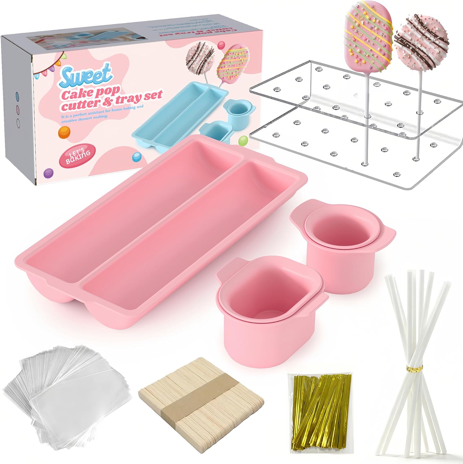 Cake Pop Mold Kit, 354PCS ABS Cake Pop Cutter & Tray Set with Stand, Sticks, Bags & Wrappers, DIY Cake Pops Baking Kit for Kids, Chocolate, Candy & Party Dessert Making, Blue