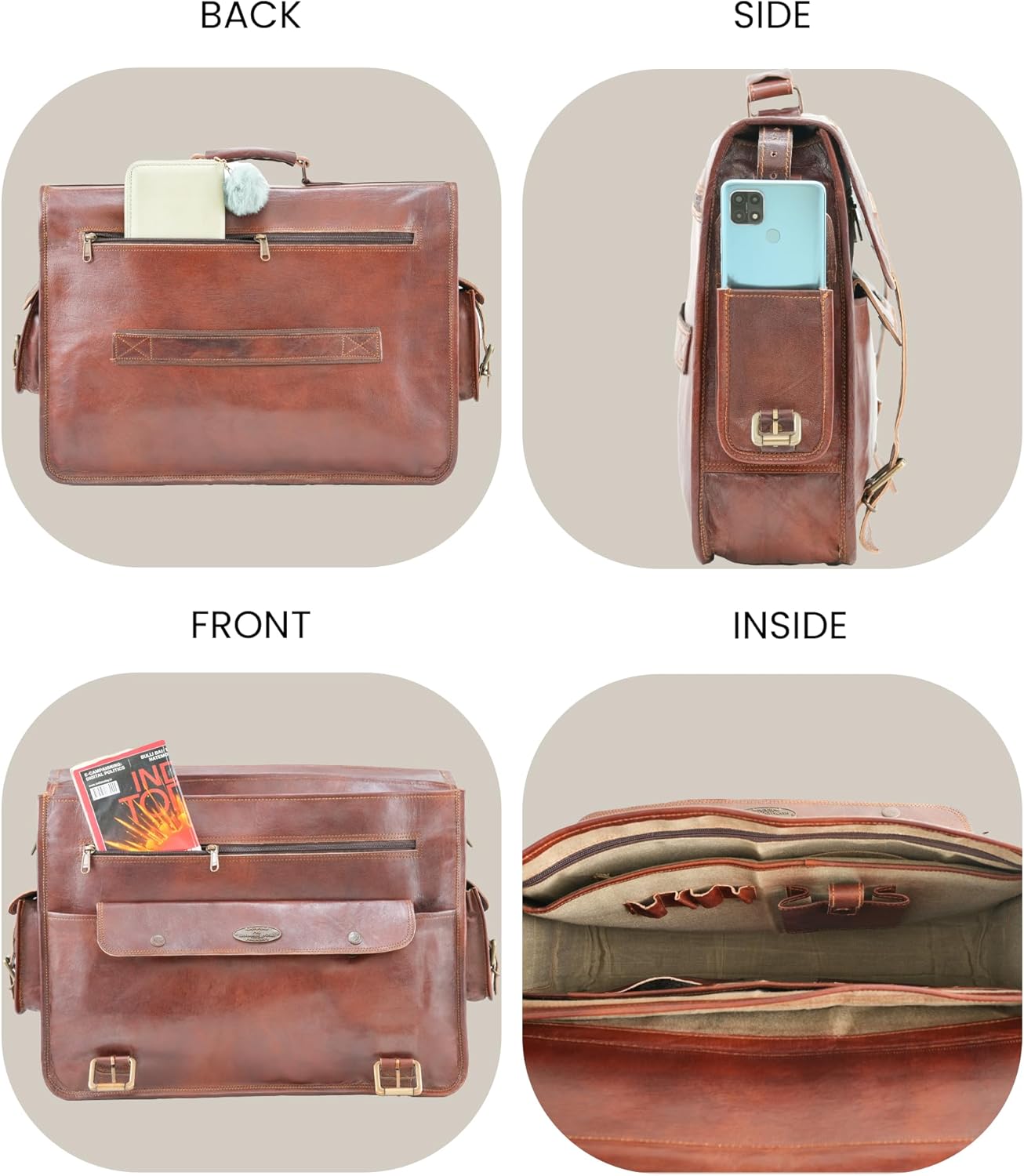 Handmade World Full Grain Leather Messenger Bag 'The BrownStone' fits 18 Inch Laptop Leather Briefcase Computer Satchel For Men Office Work Travel Business - Image 6