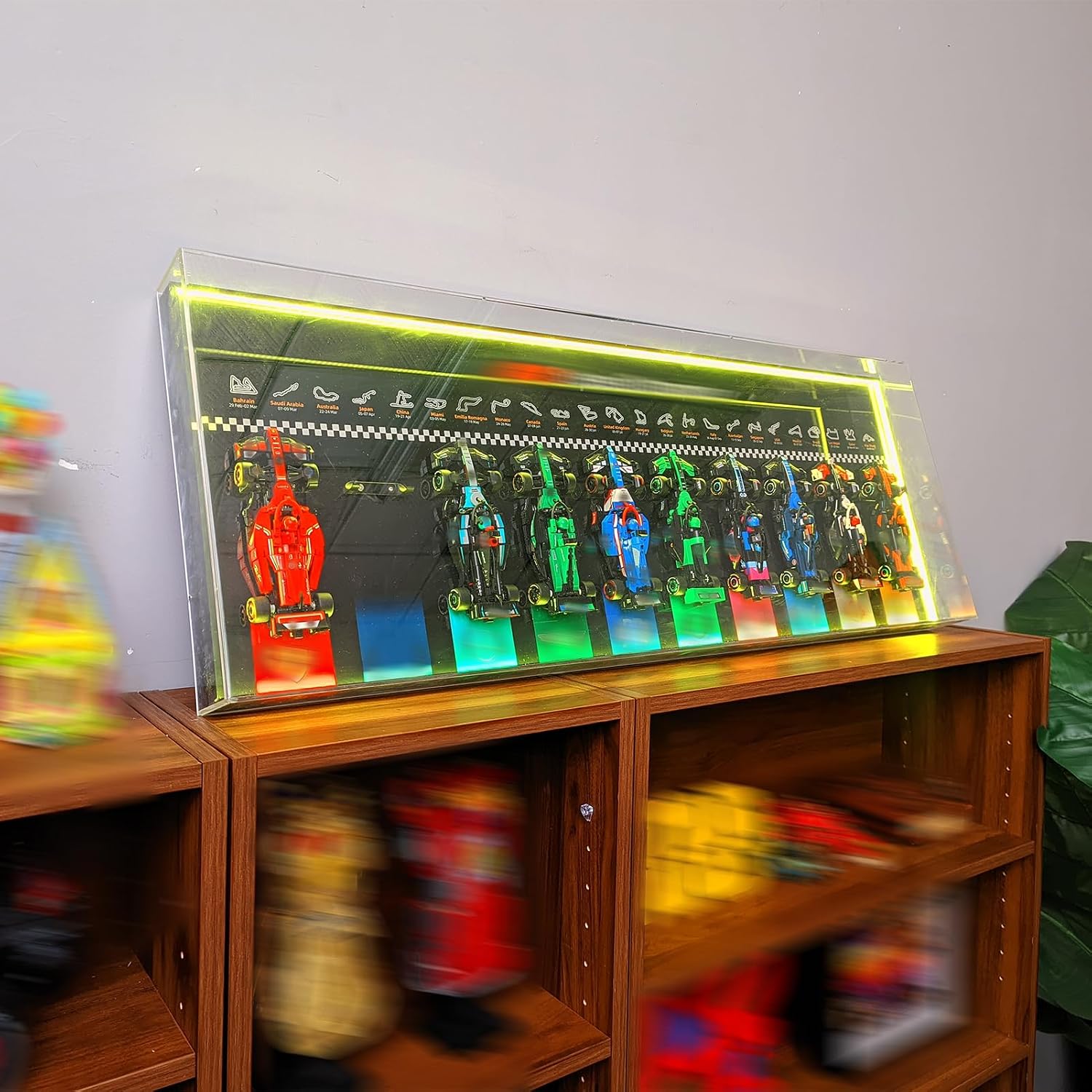 Display Wallboard with RGB Colorful LED Lights Compatible with Lego F1 Speed Champions 10-Cars Display Frame Wall Mount, with Acrylic Dust-Proof Case(Models Not Included!)