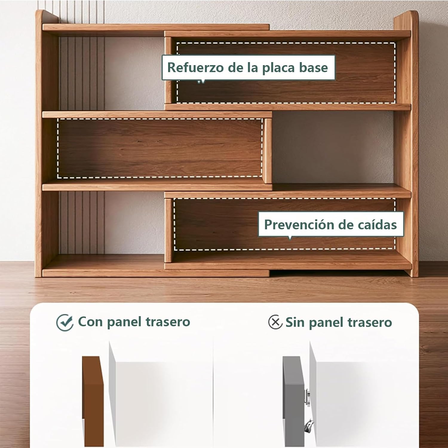 Diagram illustrating the back panel reinforcement and fall prevention features of the bookshelf. One image shows 'Con panel trasero' (With back panel) and the other 'Sin panel trasero' (Without back panel).
