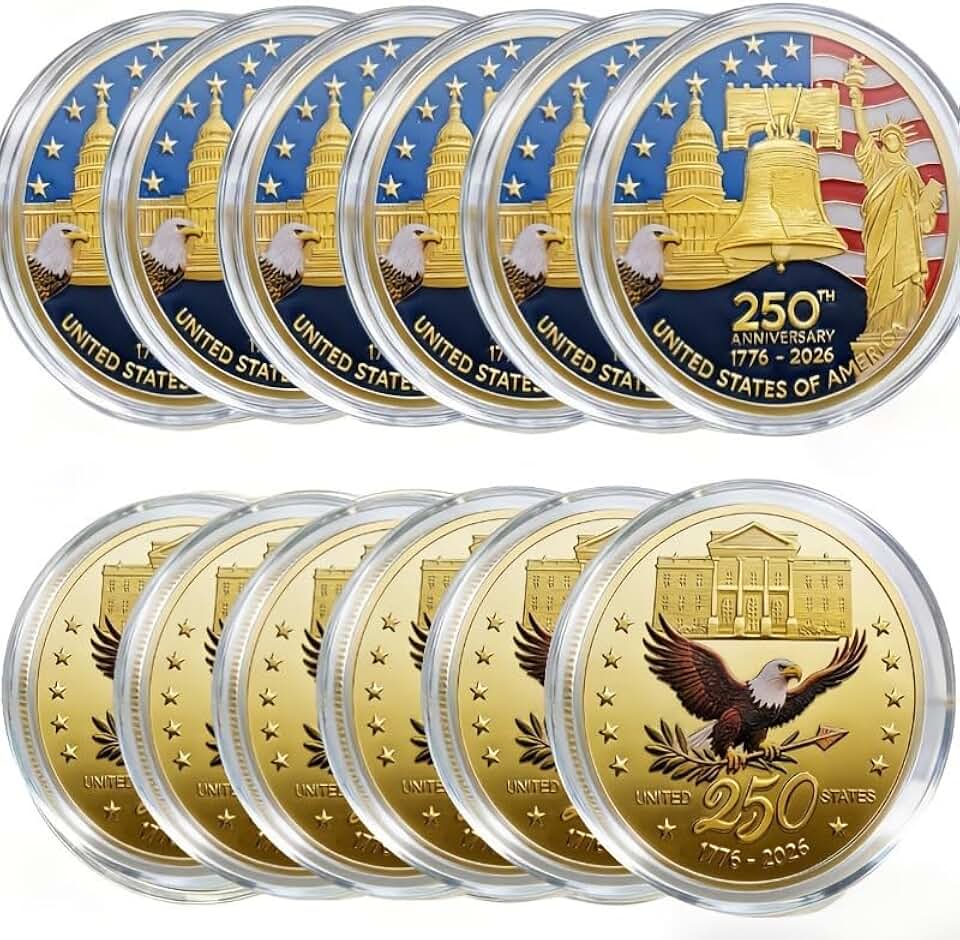 6-Piece 2026 US Bicentennial 250th Anniversary Commemorative Medallion Set – 1776-2026 Coins with Acrylic Cases & Eagle Challenge Coin Badges