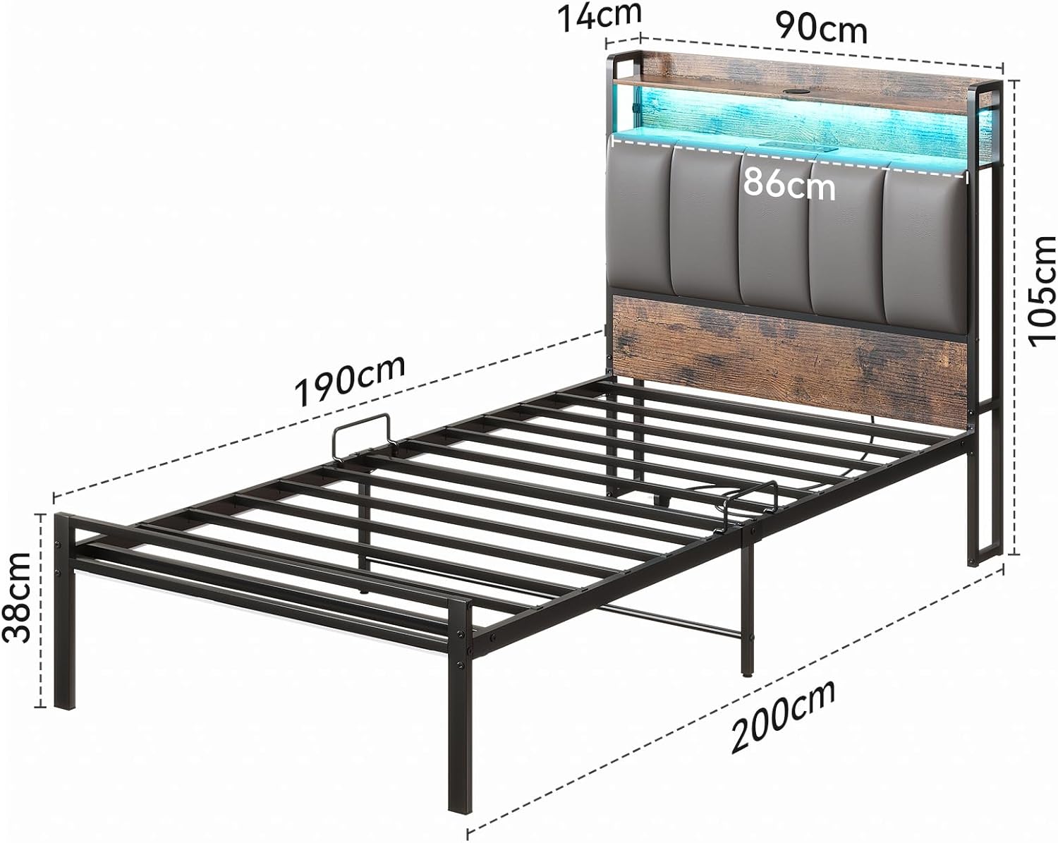 ODK 3ft Single Bed Frame with Storage Upholstered Headboard, LED Light & Charging Station, Platform Metal Bed Frame Single with Underbed Storage, Strong Metal Slat Support