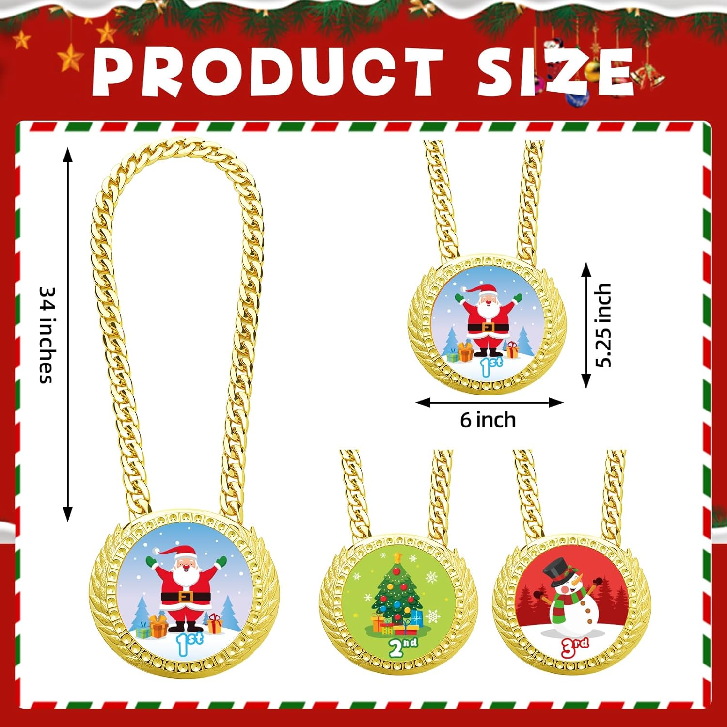 Tondiamo 3 Pieces Christmas Medals Champ Chain Trophy 6 x 5.25 Inches Xmas Jumbo Award 1st 2nd 3rd Prize for Women Men Family Xmas Holiday Party Decoration Prize Gift