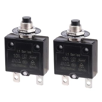 Thermal Circuit Breaker 10 Amps, Thermal Overload Protector L1 Series 125-250V AC 50V DC Push Button Manual Reset Circuit Breaker 10A 2 Pcs