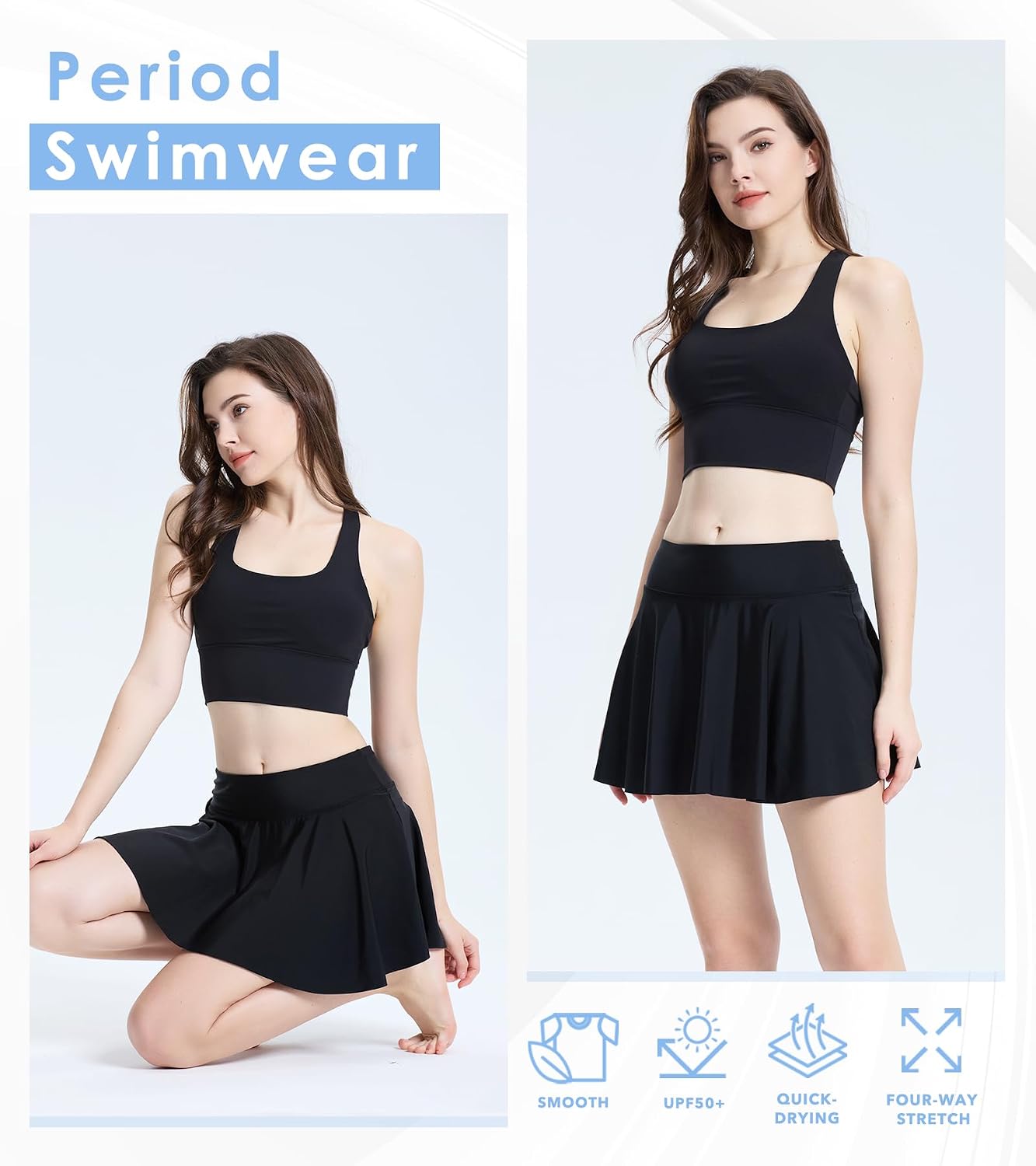Period Swimwear for Women Teens Leakproof Period Swim Skirt Tummy Control Swimsuit Bottoms Bathing Suit with Pocket