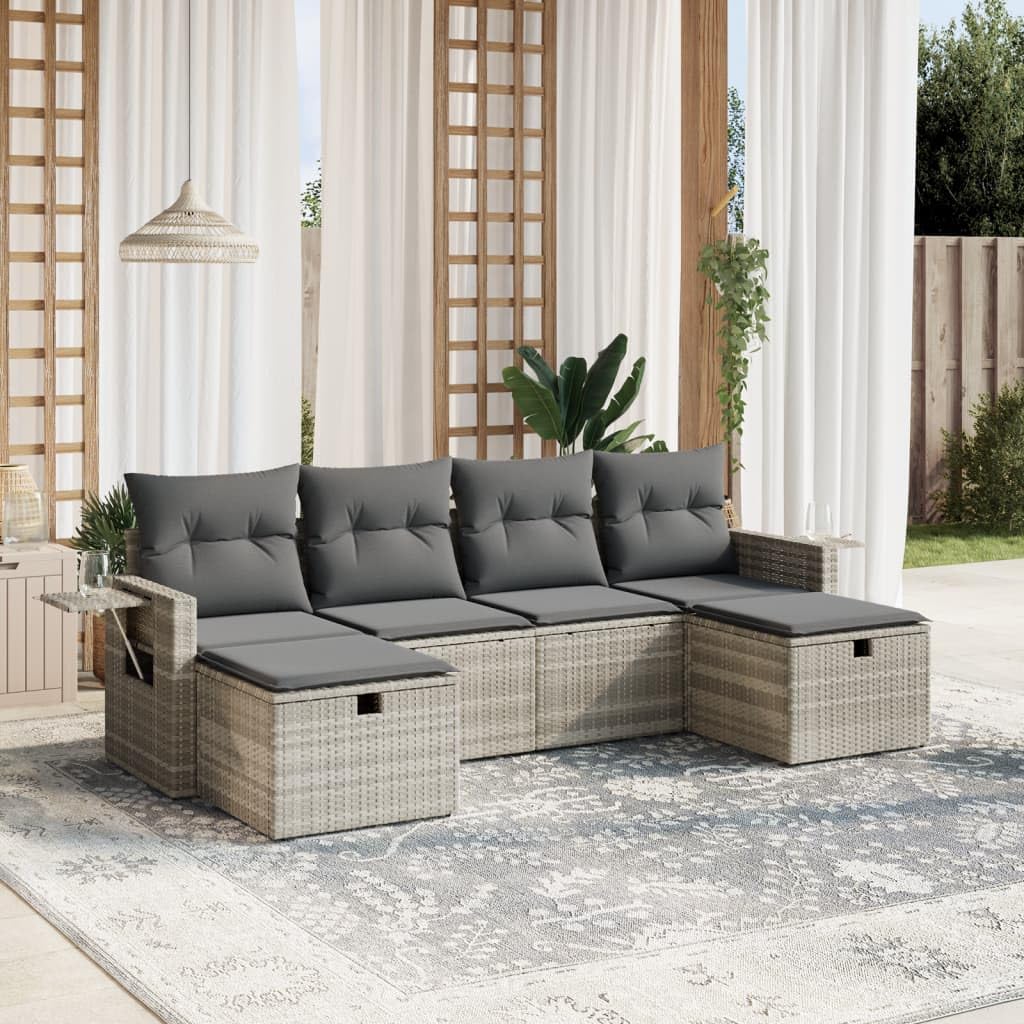 Set di 6 divani da giardino grigio chiaro con cuscini in polyrattan, set di mobili da giardino resistenti alle intemperie, per terrazza, balcone e giardino d'inverno, set lounge con divano