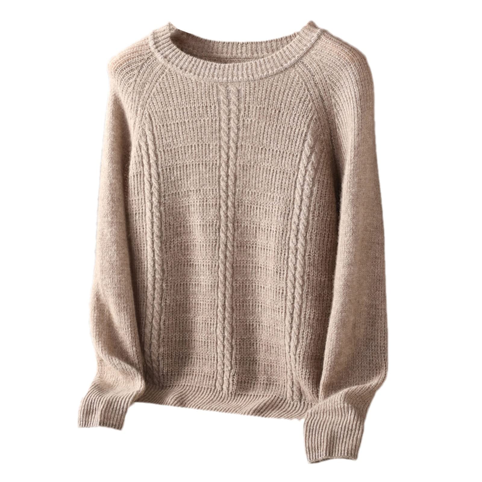 Kelsiop Primavera y otoño 100% suéter de cachemira de las mujeres suéter de cuello redondo casual de punto suelto de moda suéter cálido, marrón claro, M