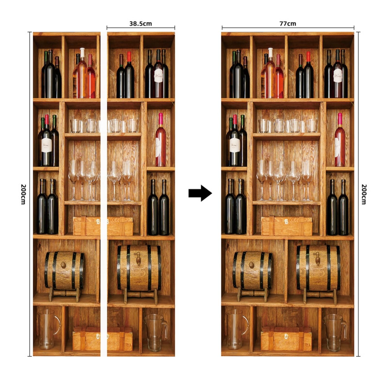 A.Monamour Adesivo Porta Autoadesiva 3D Portaoggetti In Legno Con Bottiglie Di Vino E Bicchieri Vinile PVC Adesivi per Porte Interne Pellicola Adesiva Poster Murale Parete Carta da Parati 77x200cm
