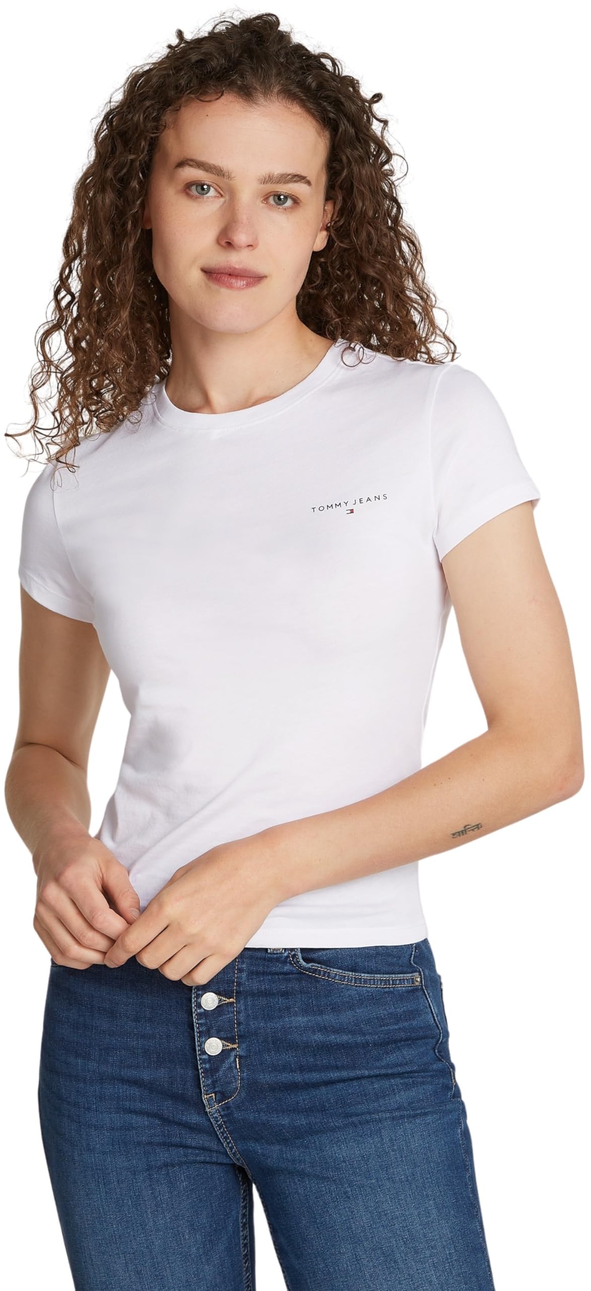 Tommy Jeans Camiseta de Manga Corta Mujer Slim Fit Linear con Cuello Redondo
