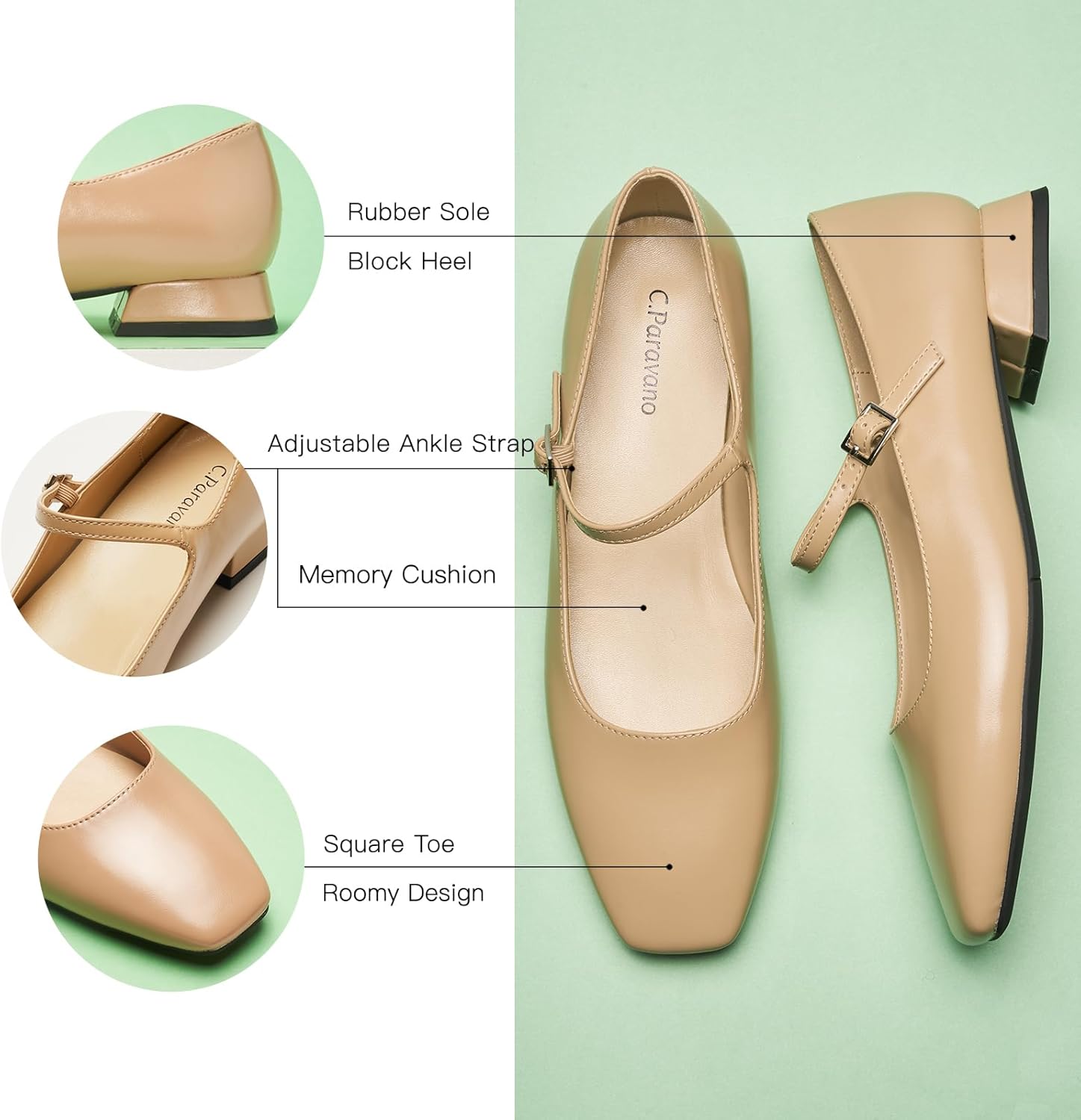 C.Paravano Women's Mary Jane Shoes Square Toe Flats for Women Ballet Flats with Strap Dressy Casual Work Office Party, Low Block Heels Mary Jane Pumps(Dark Beige,8)