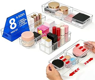 BLULEE 4-in-1 Expandable Drawer Organizer Set, Adjustable Clear Bins