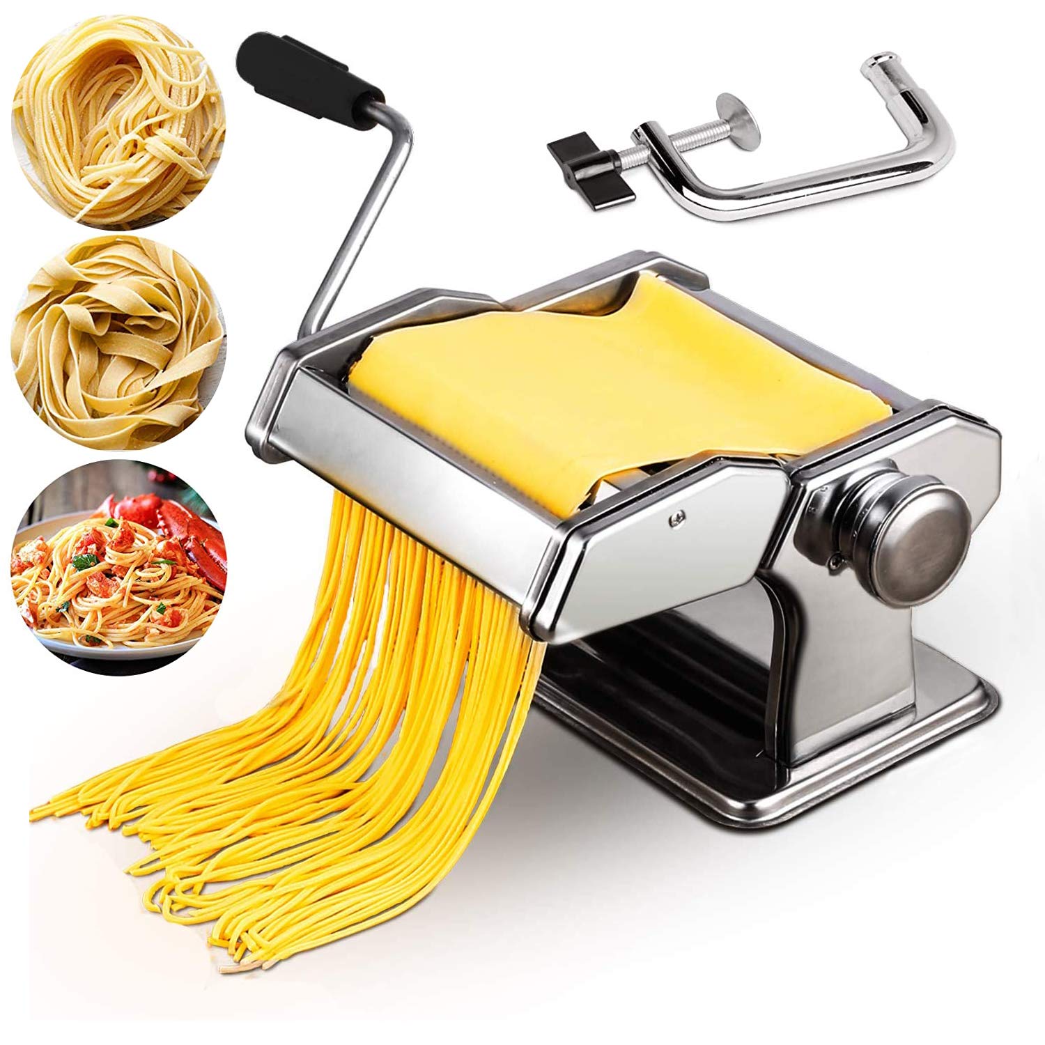 Pasta Maker Machine, 150 Roller Manual Noodle Makers with Multiple Adjustable Thickness Setting for Making Fresh Noodle or Dumpling, Kitchen Gadgets Set Includes 2 in1 Dough Cutter, Clamp & Hand Crank