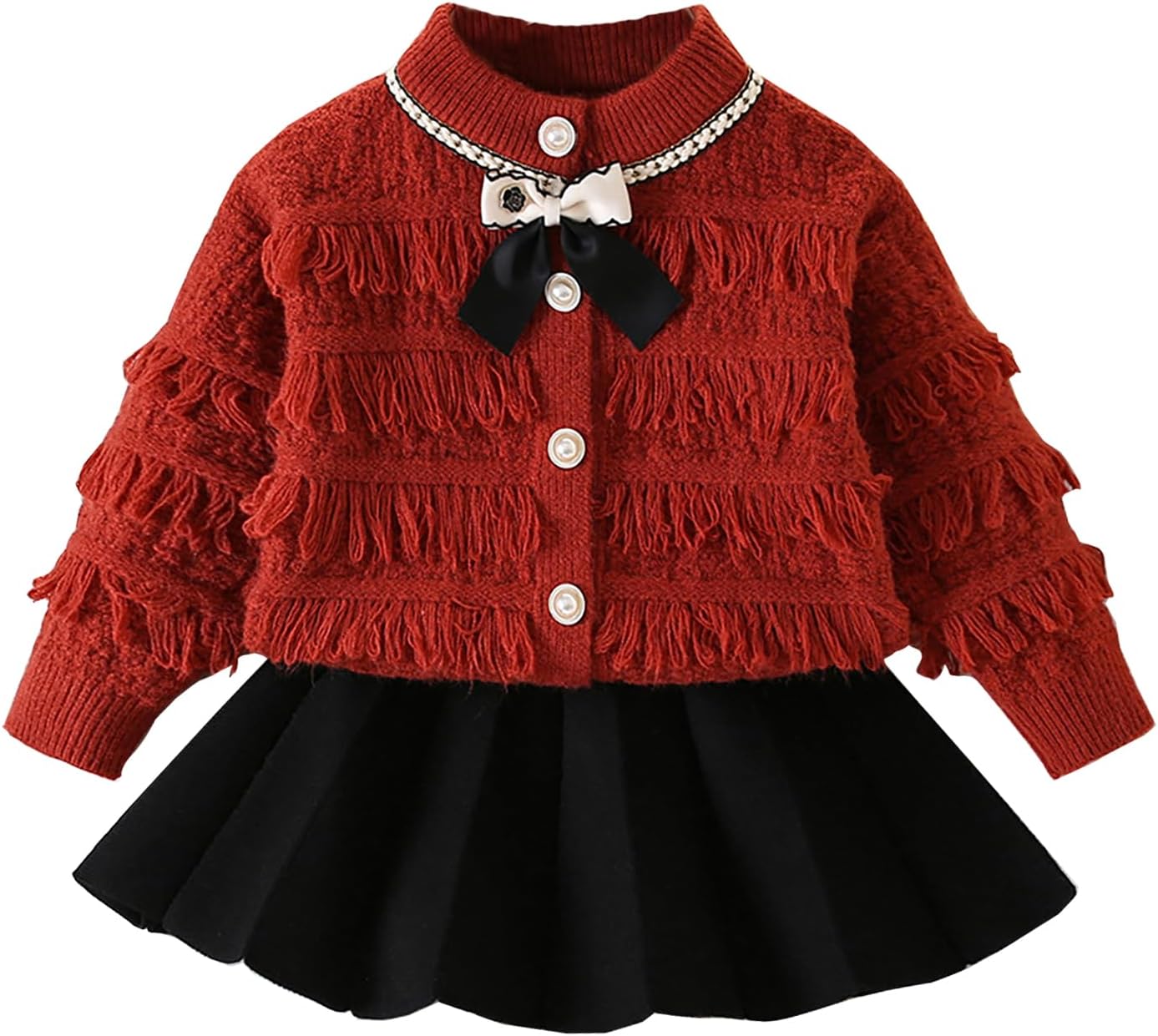 Toddler Girls Sweater Skirt Set Bow-knot Cardigan Sweater with Black Skirt Size 2-7 Years