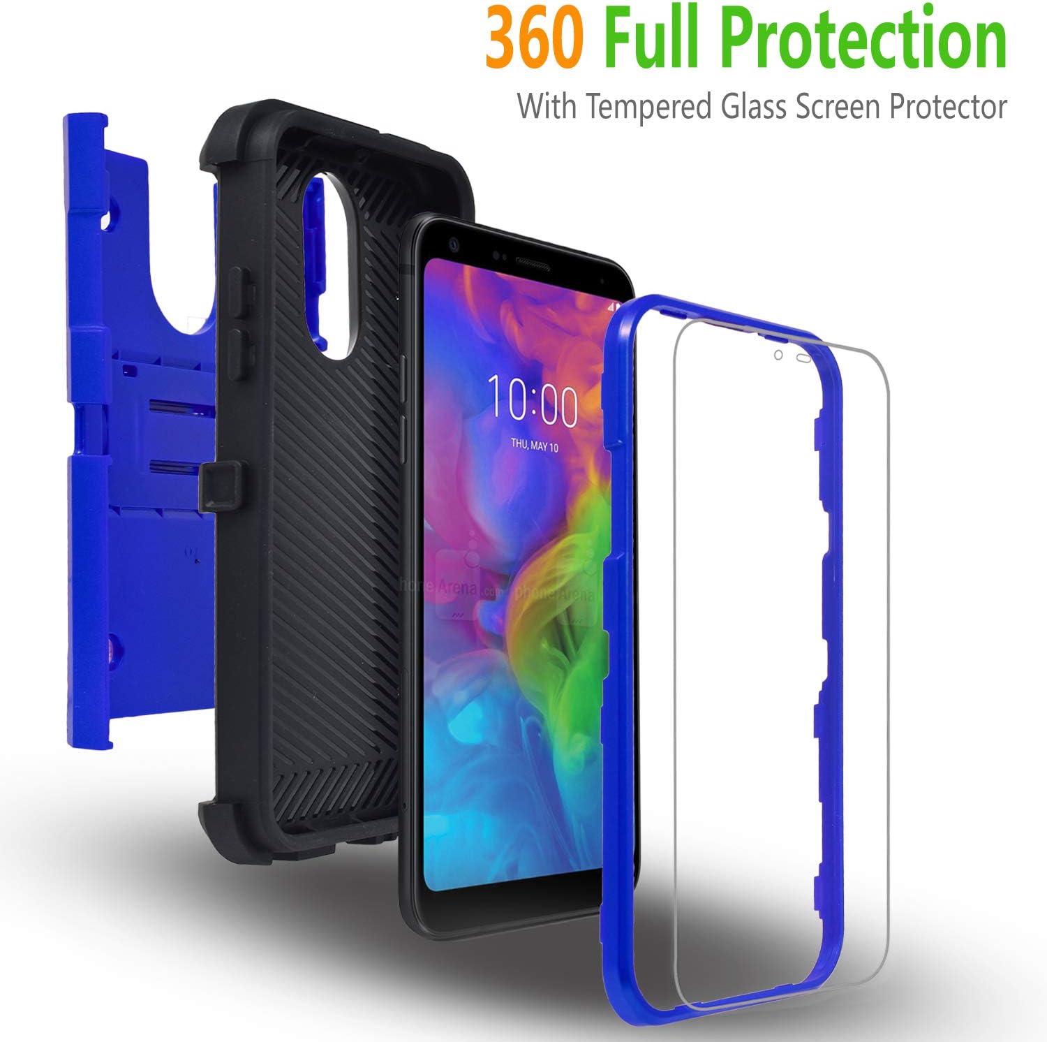 STARSHOP- Compatible for LG Stylo 5 Case, with [Tempered Glass Screen Protector Included] Full Cover Shockproof Armor Dual Layers Phone Cover with build in Kickstand and Locking Belt Clip- Blue