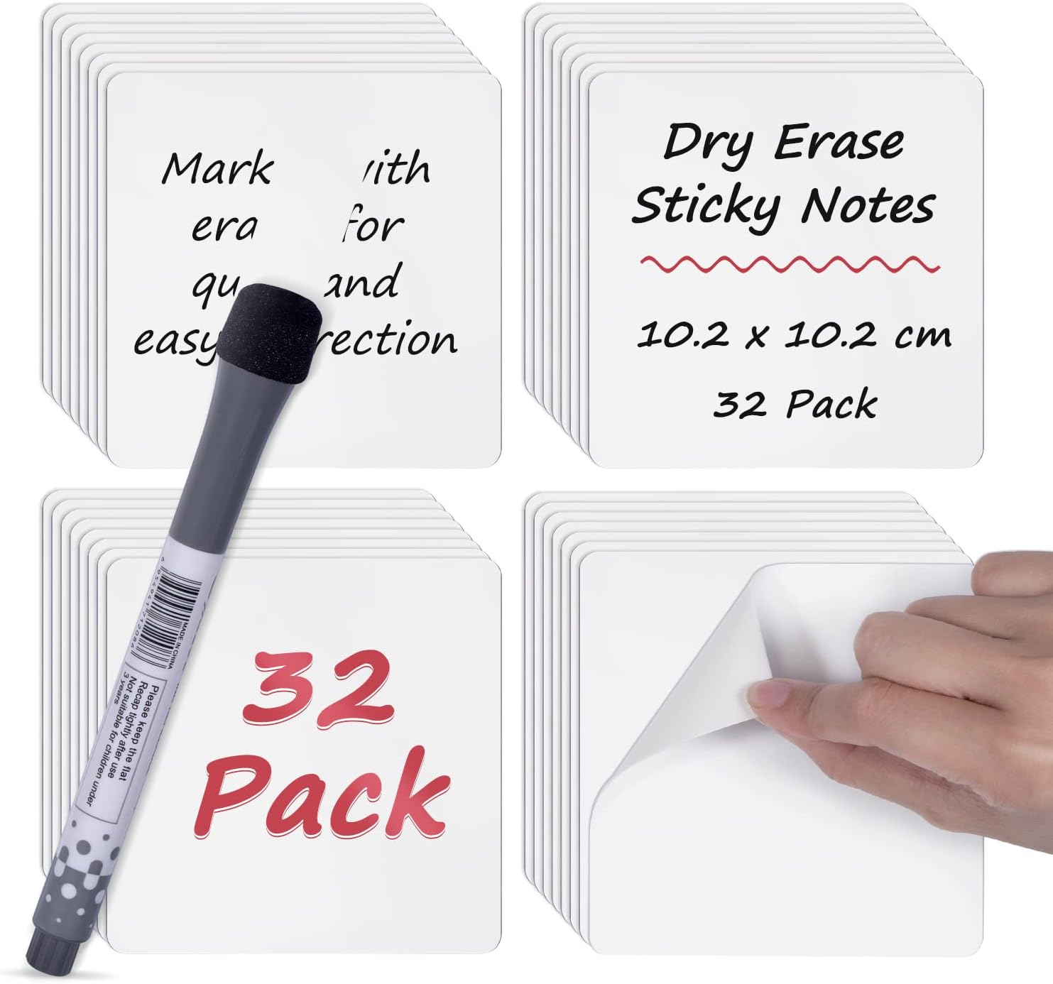 Dry Erase Sticky Notes, 4" X 4", 32Pack Reusable Whiteboard Stickers