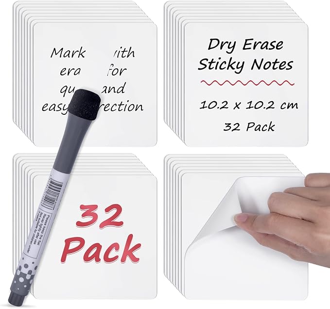Dry Erase Sticky Notes, 4" X 4", 32Pack Reusable Whiteboard Stickers