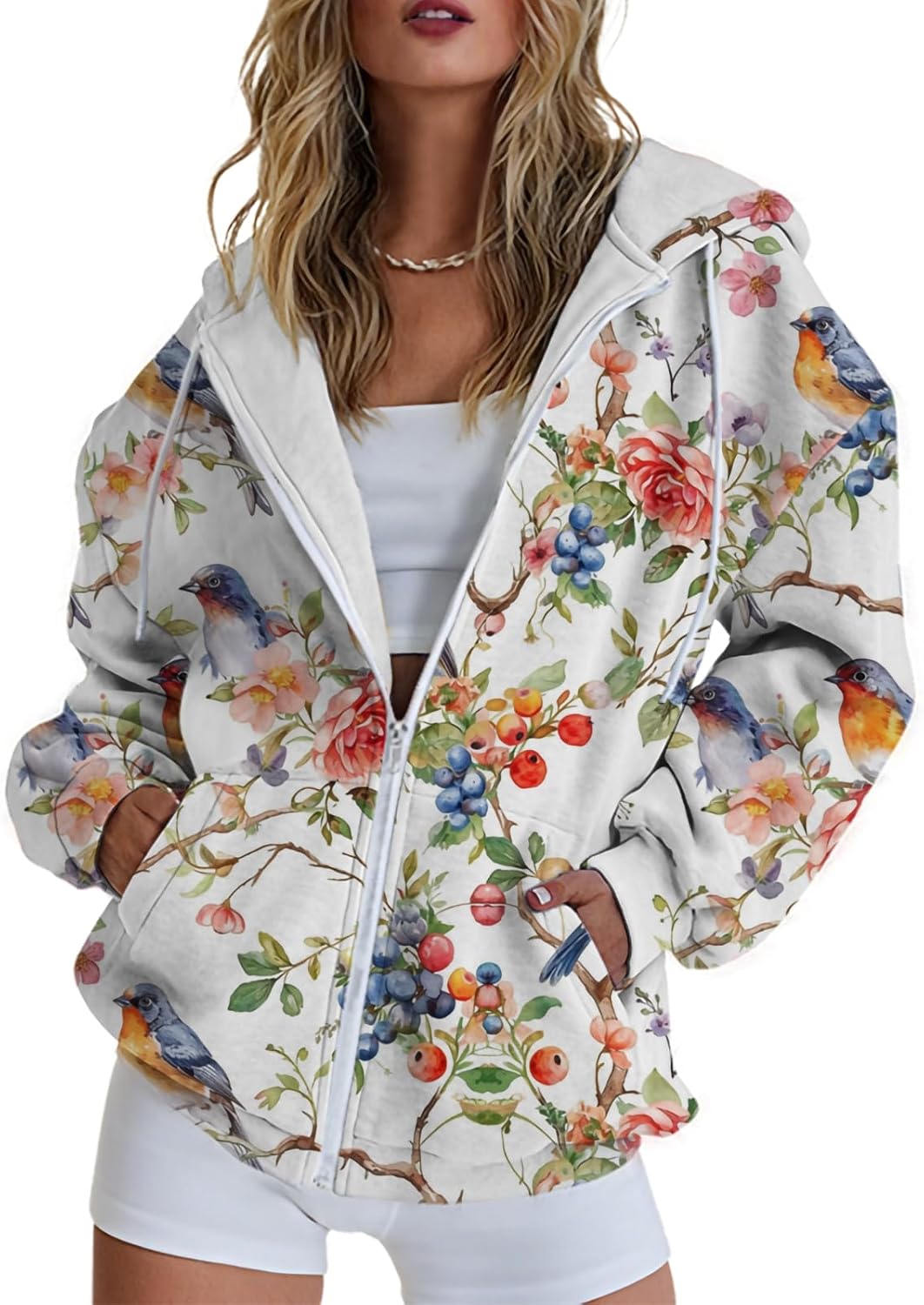 Hoodies for Women Print Oversized Full Zip Hoodie with Pockets Retro Graphic Women's Sweatshirt Long Sleeve Trendy