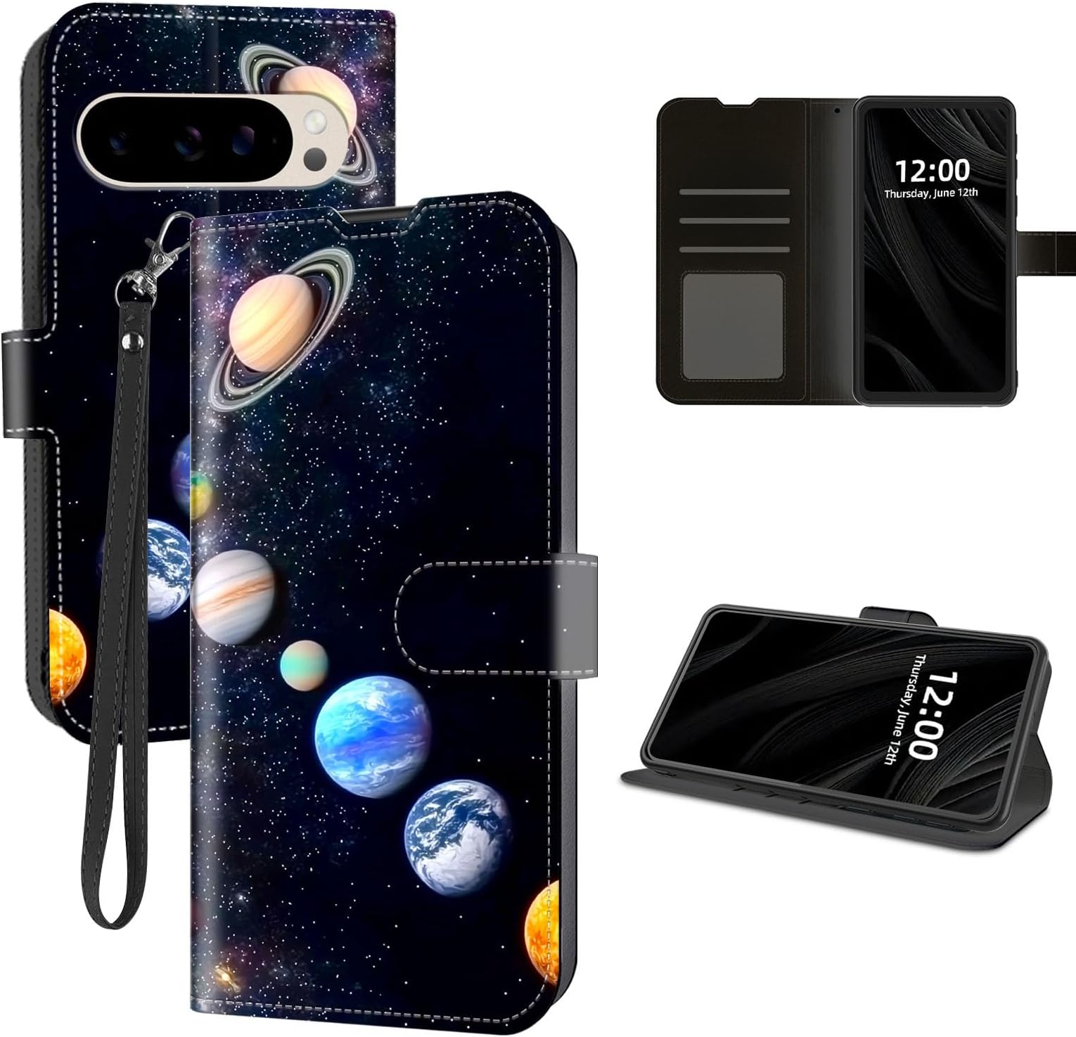 for Google Pixel 10 Pro XL Case Wallet with Card Holder, Solar System Planets in Space RFID Blocking Leather Flip Cover Magnetic Snap and Kickstand
